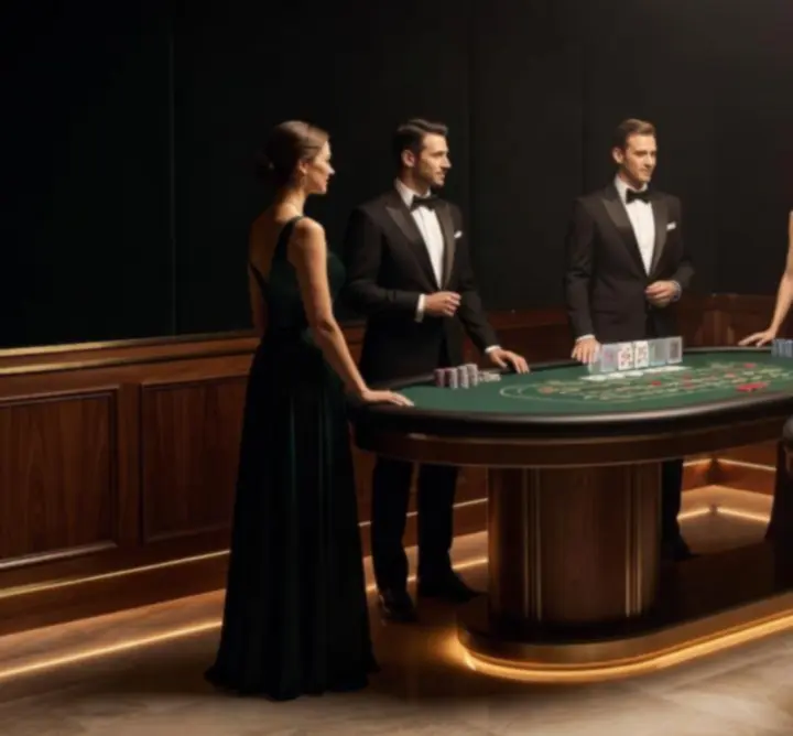 Stoły casino-style z ruletką, blackjackiem i pokerem podczas eleganckiego wieczoru