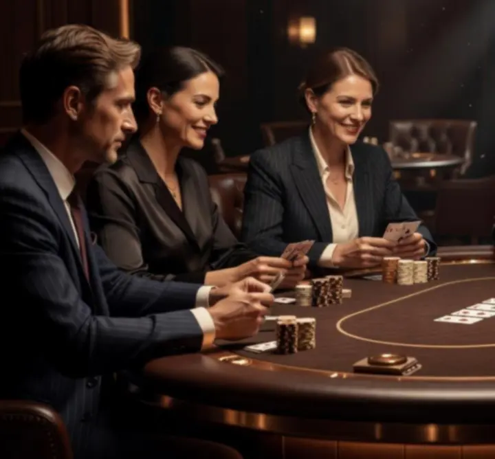 Grupa osób przy profesjonalnym stole pokerowym podczas eventu offline